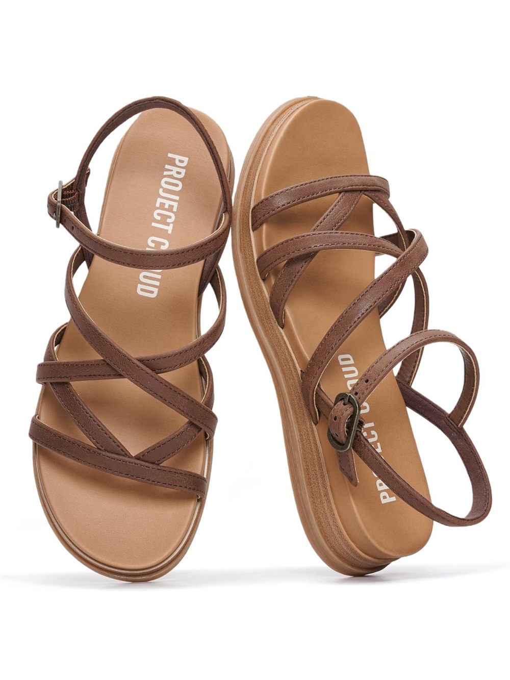 PROJECT CJOUD Women's Brown Strappy Platform Sandals